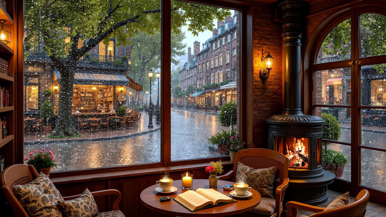 24/7 Study Caf&eacute; Ambience ☕ Relaxing Rain, Soft Jazz Piano & Fireplace for Work & Sleep