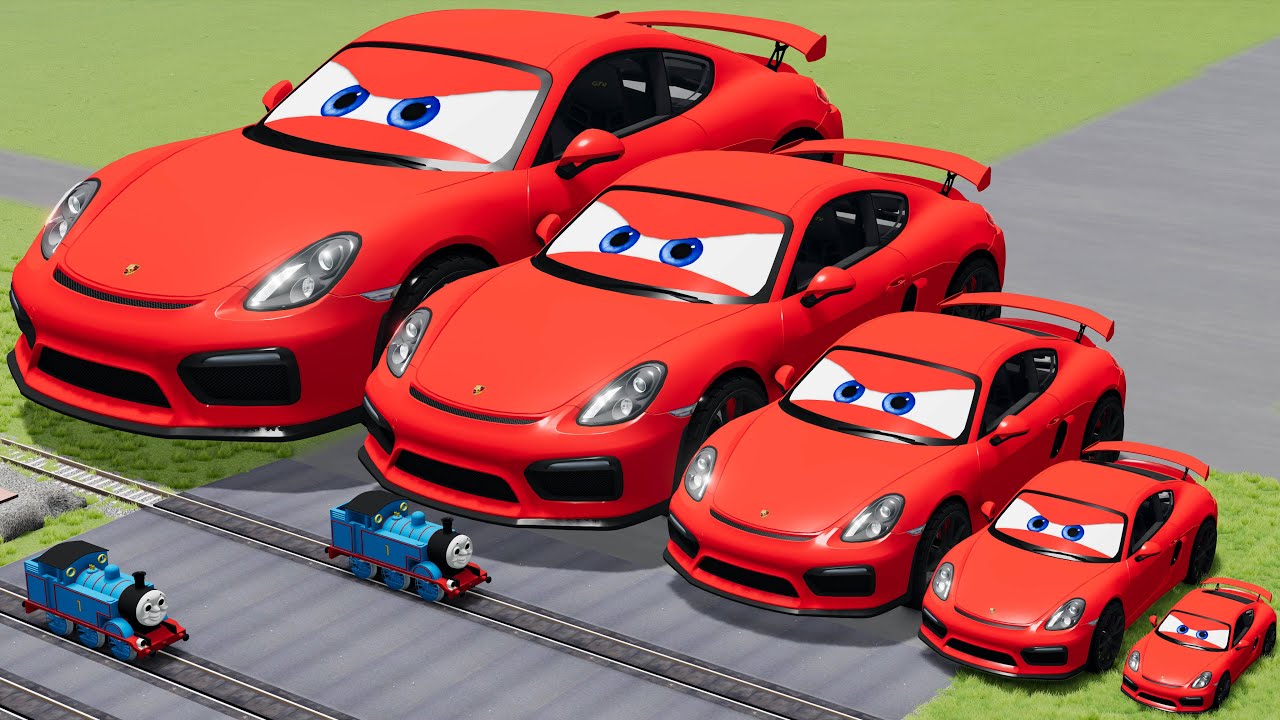 Big & Small Porsche Car Lightning McQueen VS Trains Thomas | BeamNG.drive