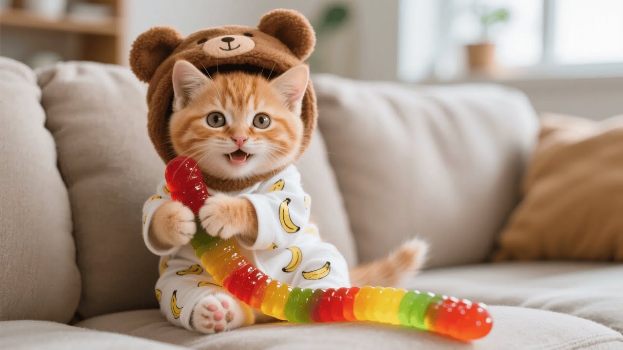 Ginger Kitten Feels Sad as Ants Eat Her Gummy Worm &mdash; Mama Cat Makes a Bigger One for He 🍬🐾