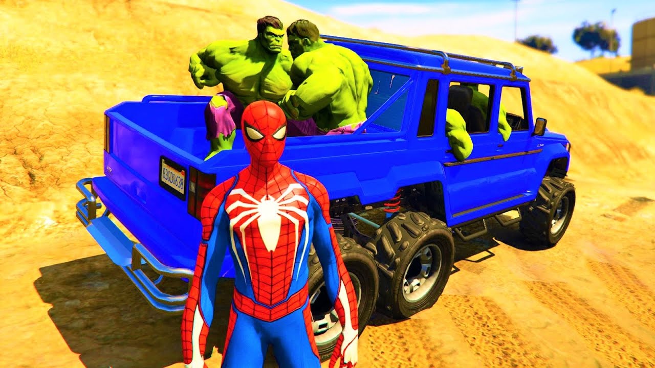 SPIDER MAN and HULK ARMY on PICKUP TRUCK 6x6 - Off Road - Truck Trial Driving!- GTA 5 Mods