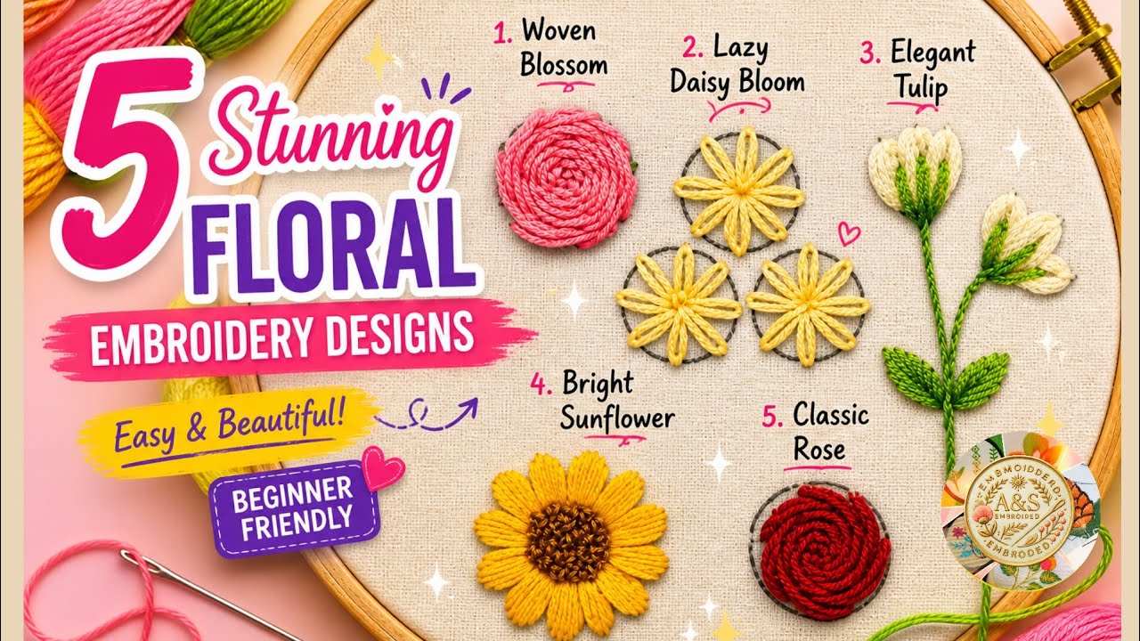 Learn 5 Stunning Floral Embroidery Stitches at Home for beginner #wovenrose #rose #sunflower #viral 