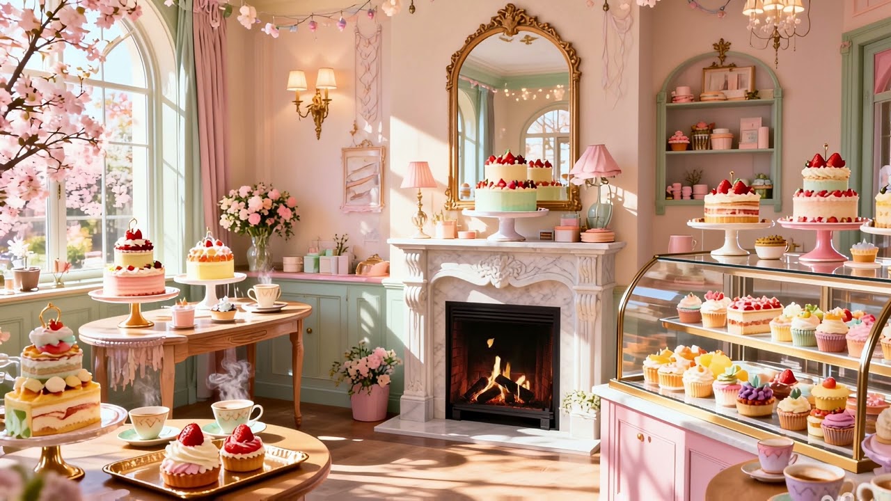 🌸🧁Cherry Blossom Spring Bakery Ambience | Cozy Fireplace & Soft Jazz (10 Hours)