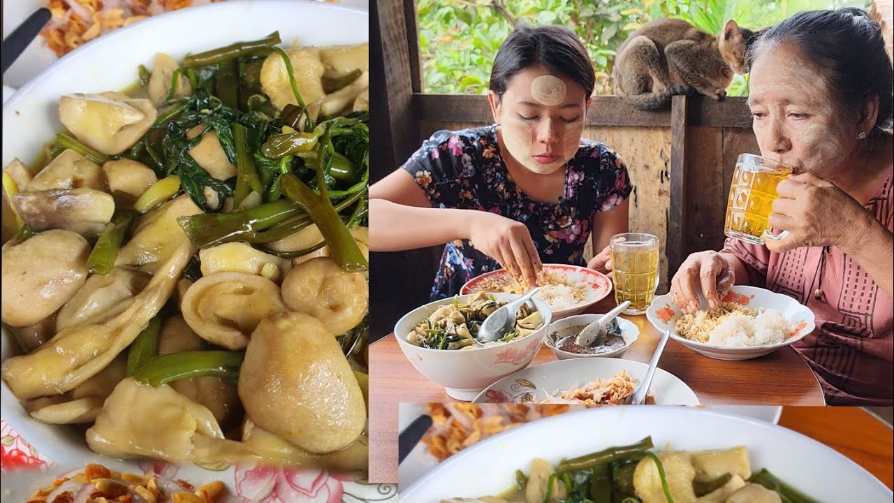 အမိုးကြော်ကျွေးတဲ့ ရာသီစာကောက်ရိုးမှိုနဲ့ကန်စွန်းရွက်ကြော်စားမယ်😋😋
