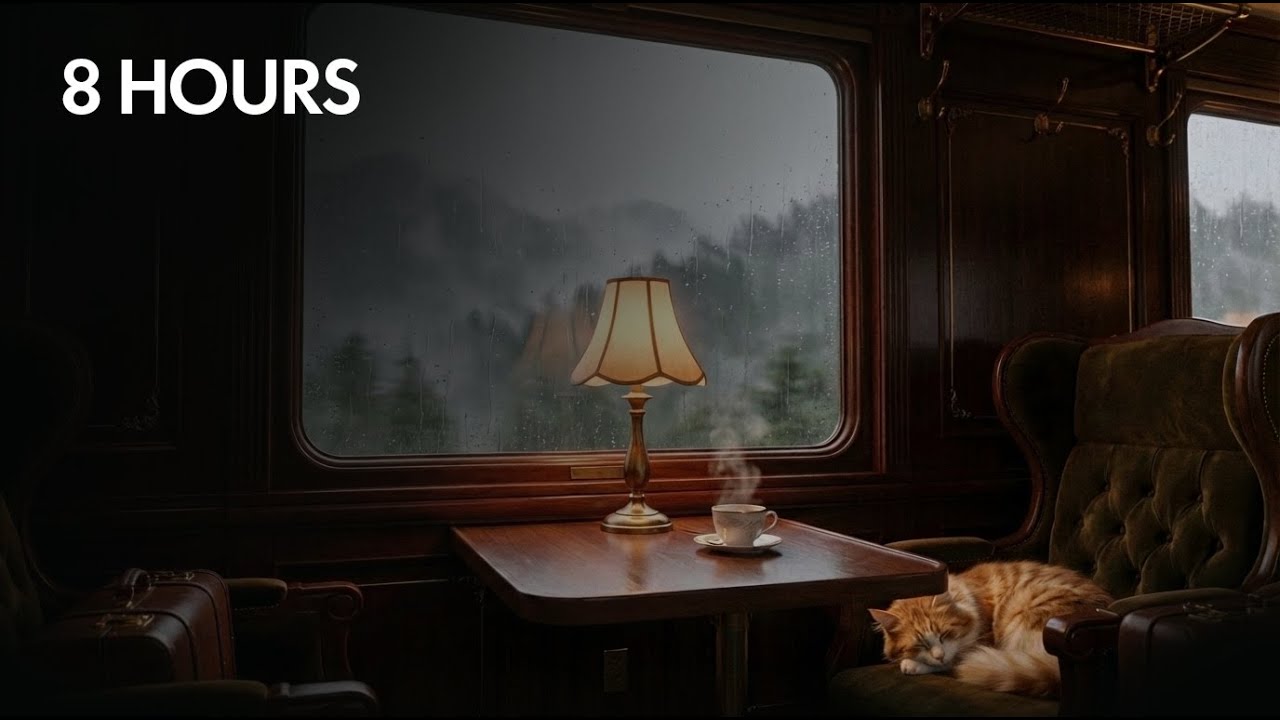 Cozy Train Ambience | Heavy Rain on Window & Sleeping Cat | 8 HOURS