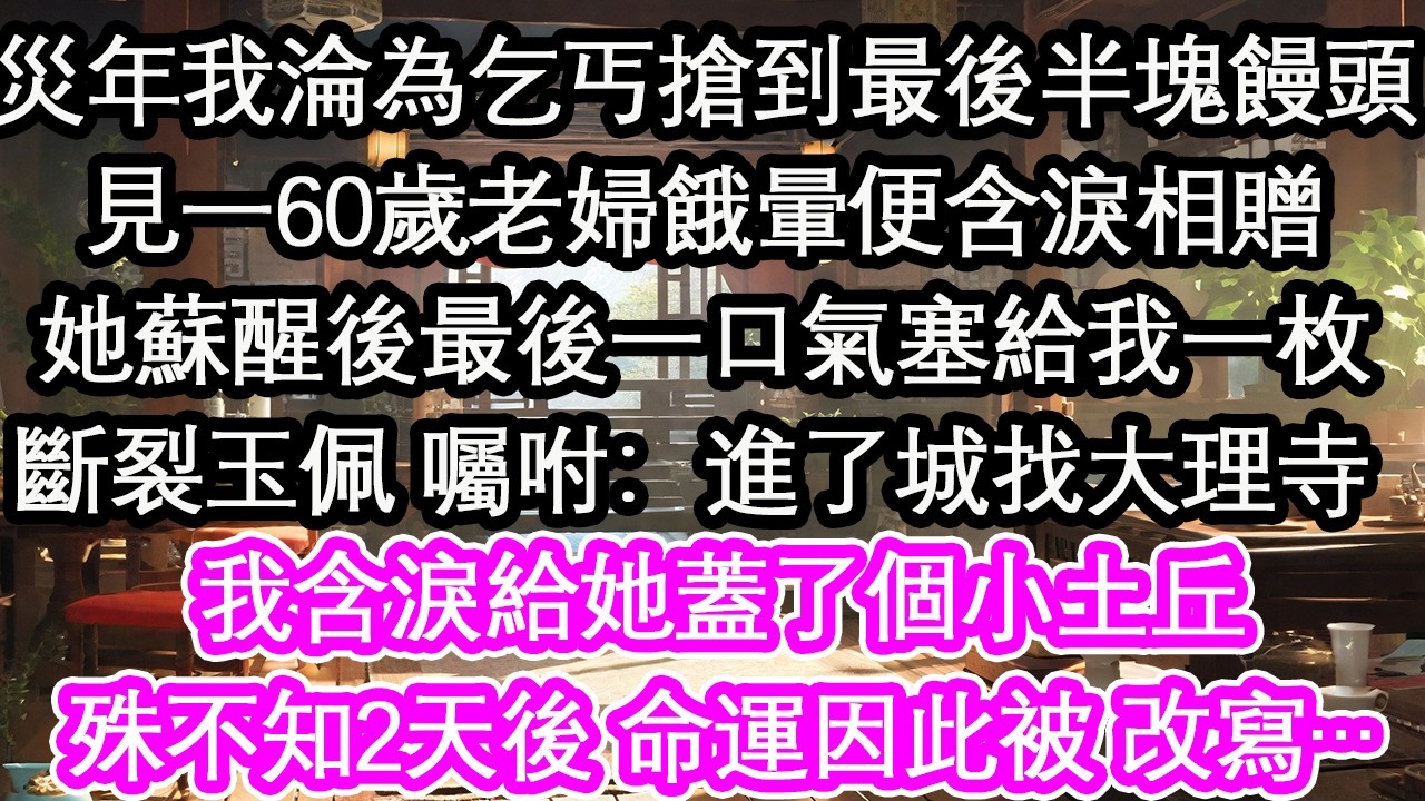 災年我淪為乞丐搶到最後半塊饅頭見一60歲老婦餓暈便含淚相贈她蘇醒後最後一口氣塞給我一枚斷裂玉佩 囑咐：進了城找大理寺 我含淚給她蓋了個小土丘殊不知2天後 命運因此被 改寫…【花開】【愛情】【生活】