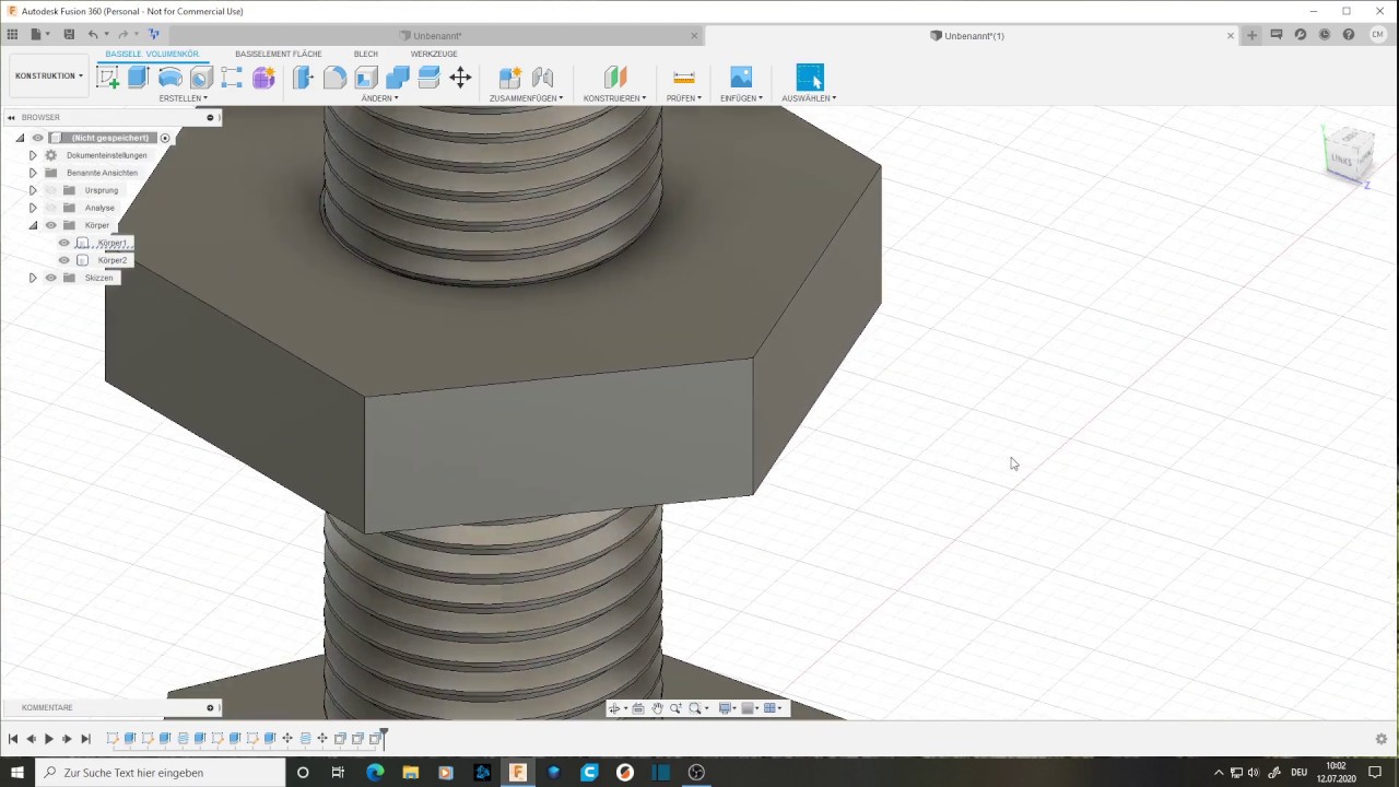 Konstruktion einer Schraube mit Mutter in Fusion 360