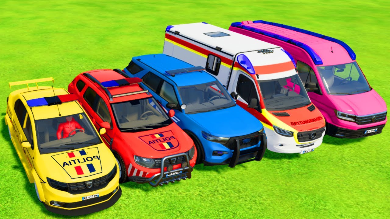 TRANSPORTING POLICE CARS, AMBULANCE, FIRE TRUCK, COLORFUL CARS WITH TRAIN -FARMING SIMULATOR 22!