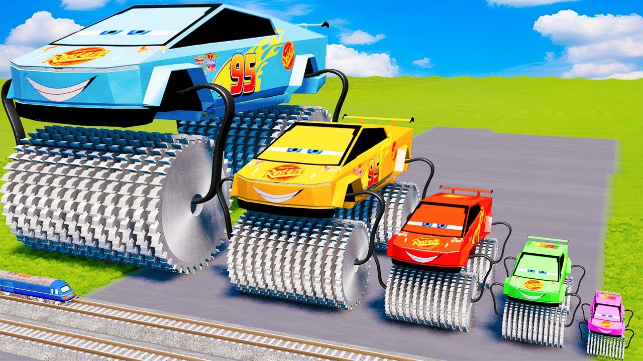 Big & Small Double Monster Saw Wheels Colors: Tesla Cybertruck with Train Thomas | BeamNG.Drive