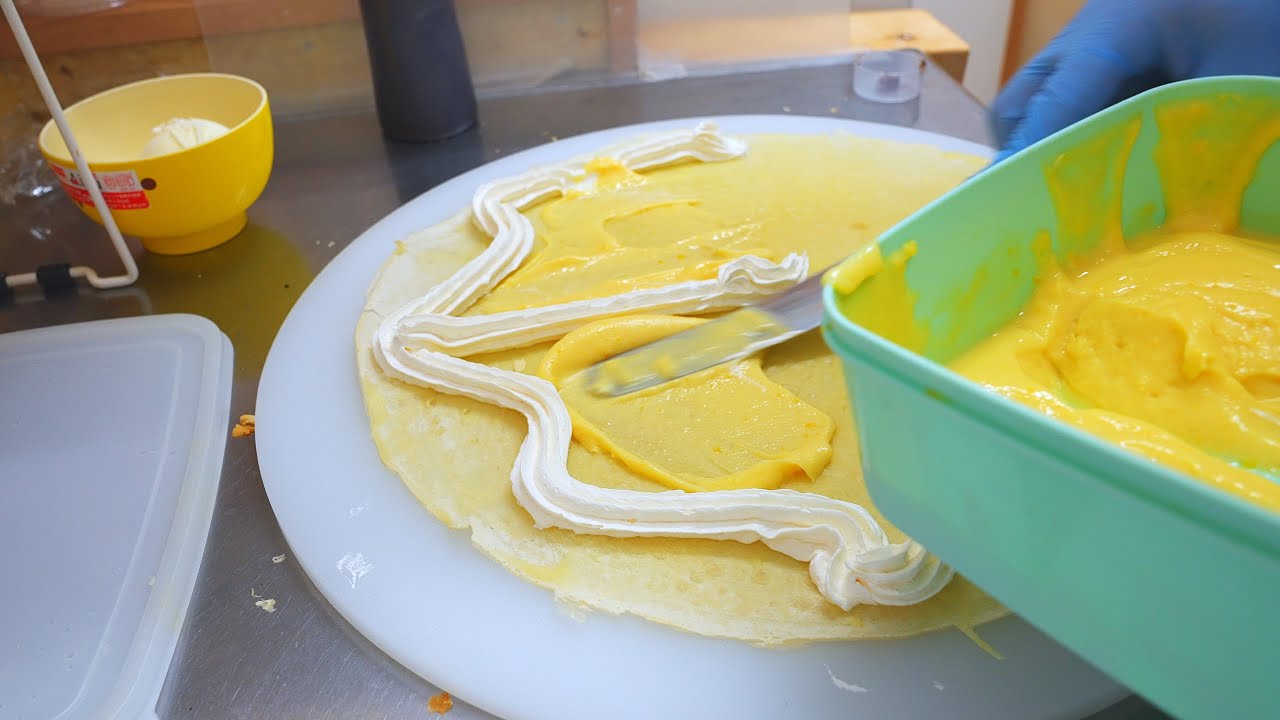 おやじのクレープ職人 イチゴバナナチョコDX アップルカスタード生クリーム クレープティファニー 狭山店 ASMR  japanese street food - creamy crepe