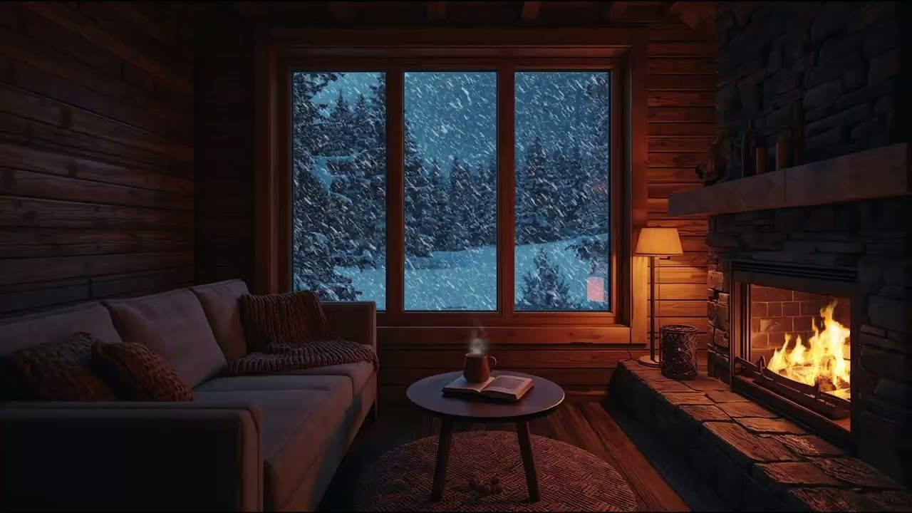 Quiet Snowy Cabin Living Room | Warm Fireplace Glow & Winter Night