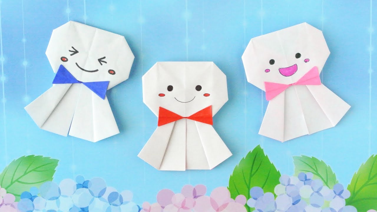 【折り紙】1枚でリボン付きのてるてる坊主の作り方 [Origami] Teru teru bōzu with bow instructions