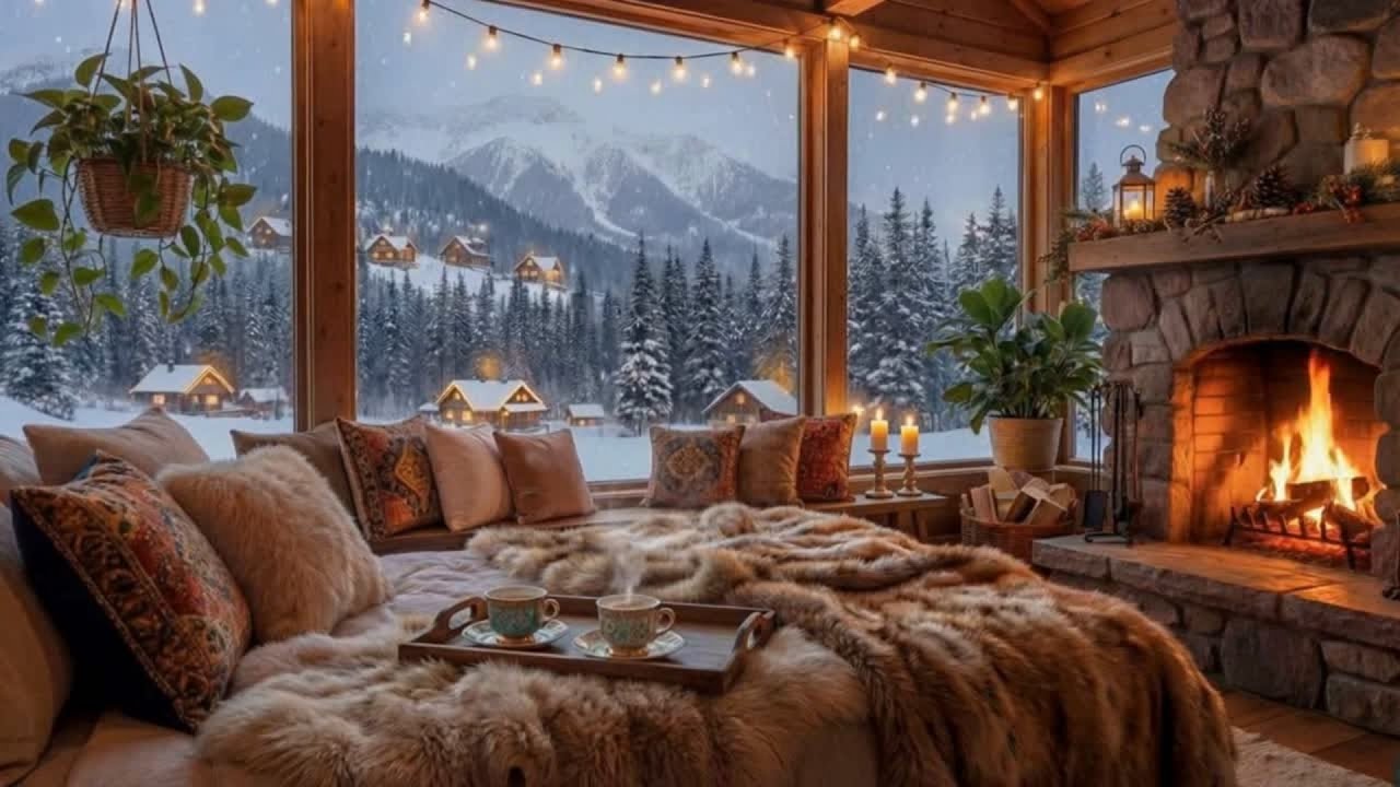 Winter Lodge Relax Gateway | Fireplace & Falling Snow | Smooth Jazz Piano