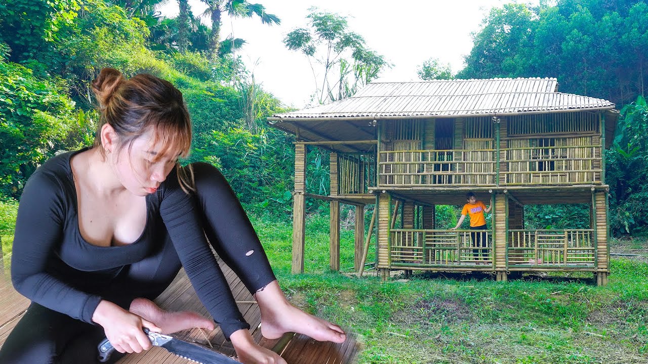 2-Story Bamboo House Building TIMELAPSE: Alone Girl Bamboo House And Kitchen. Start To Finish