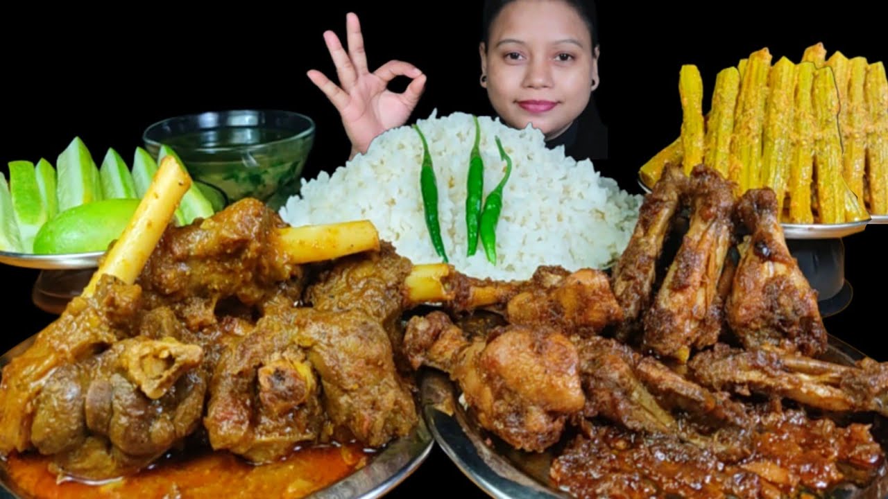 SPICY MUTTON CURRY WITH RICE EATING | KALA BHUNA CHICKEN, DRUMSTICK CURRY & SALAD MUKBANG