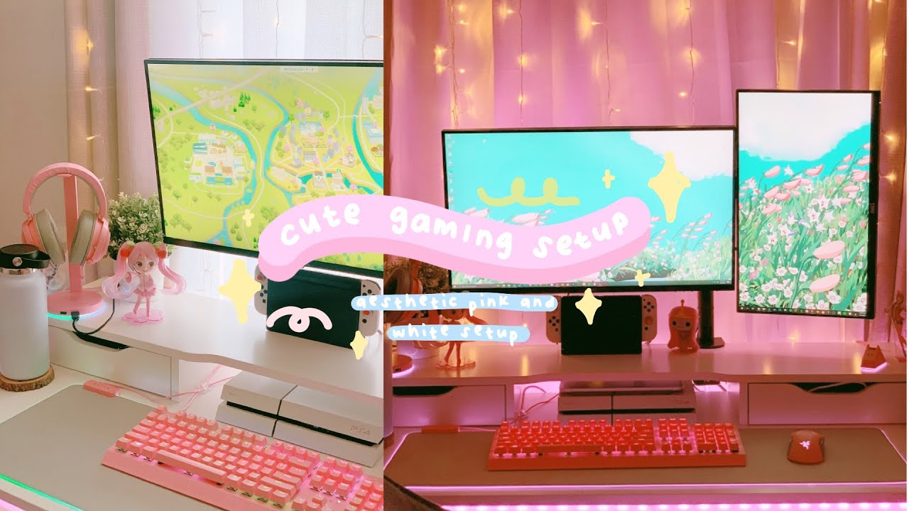 cute gaming setup | pink and white aesthetic