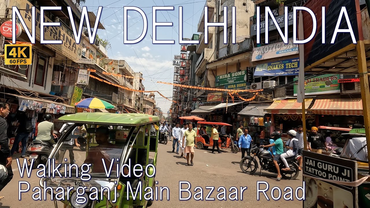 Нью-Дели, Индия Пахаргандж Main Bazaar Road 4K Прогулочное видео, высококачественный звук