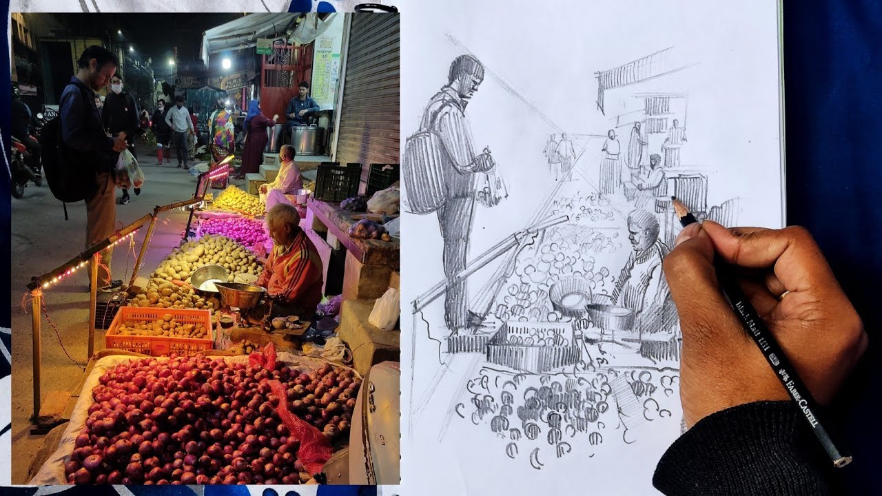 How to draw vegetable market scene with pencil | Simple illustration drawing for beginners.