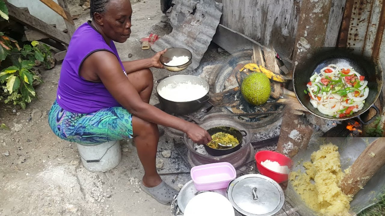 Curry Callaloo Cooked In Coconut Milk & Saltfish Run Down Style With Roast Breadfruit Fufu & Rice