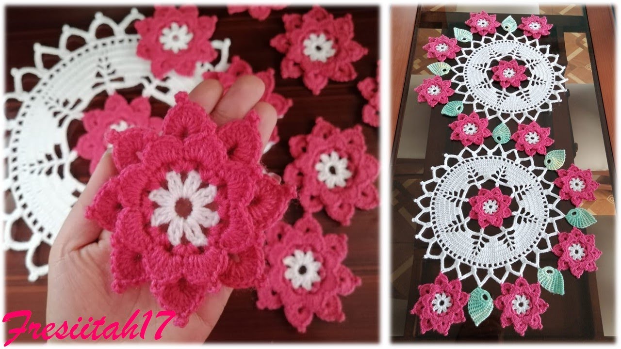 Flores de 8 pétalos tejidas a crochet (camino de mesa con flores y hojas)