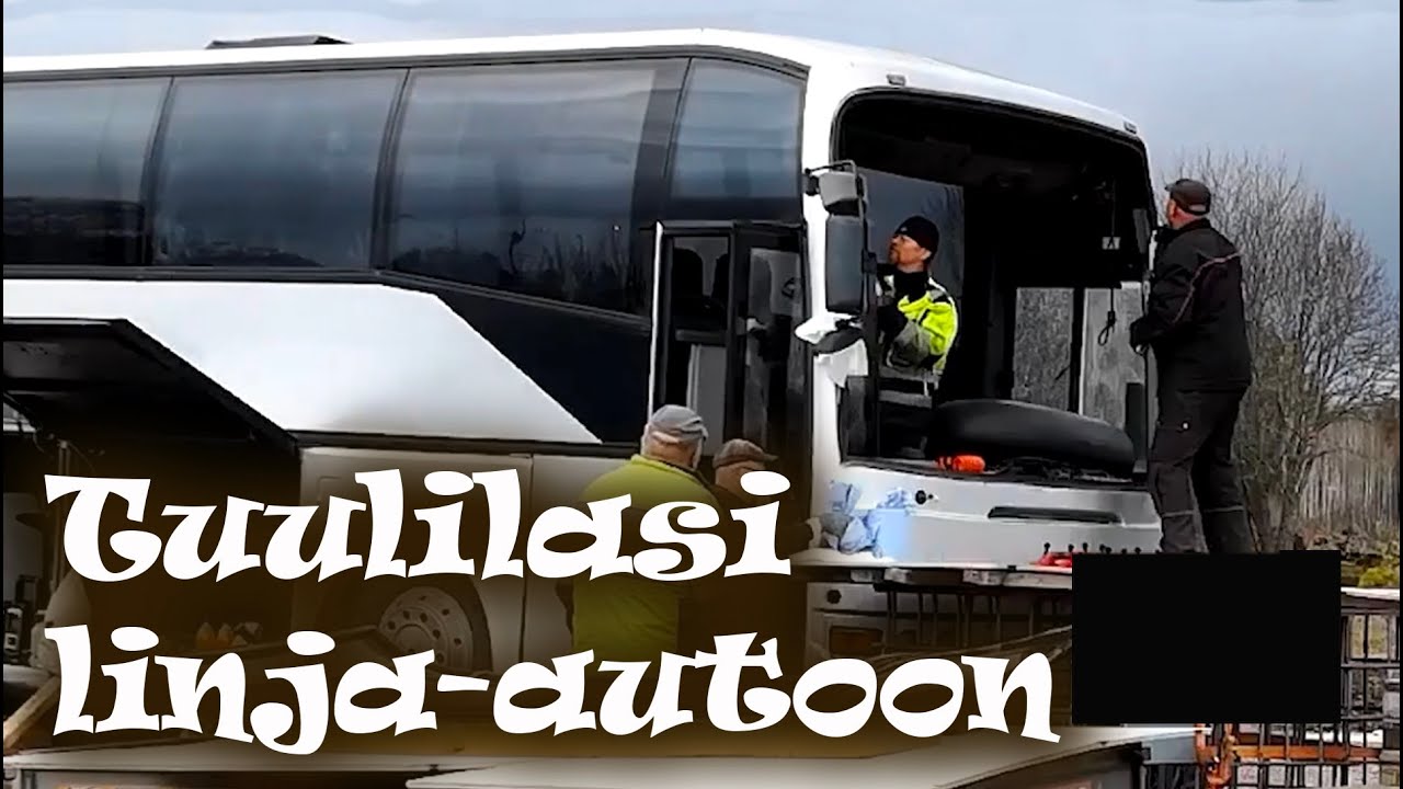 Tuulilasin vaihto linja-autoon. Linda-linjurin uusi tuulilasi paikoilleen kotipihassa.