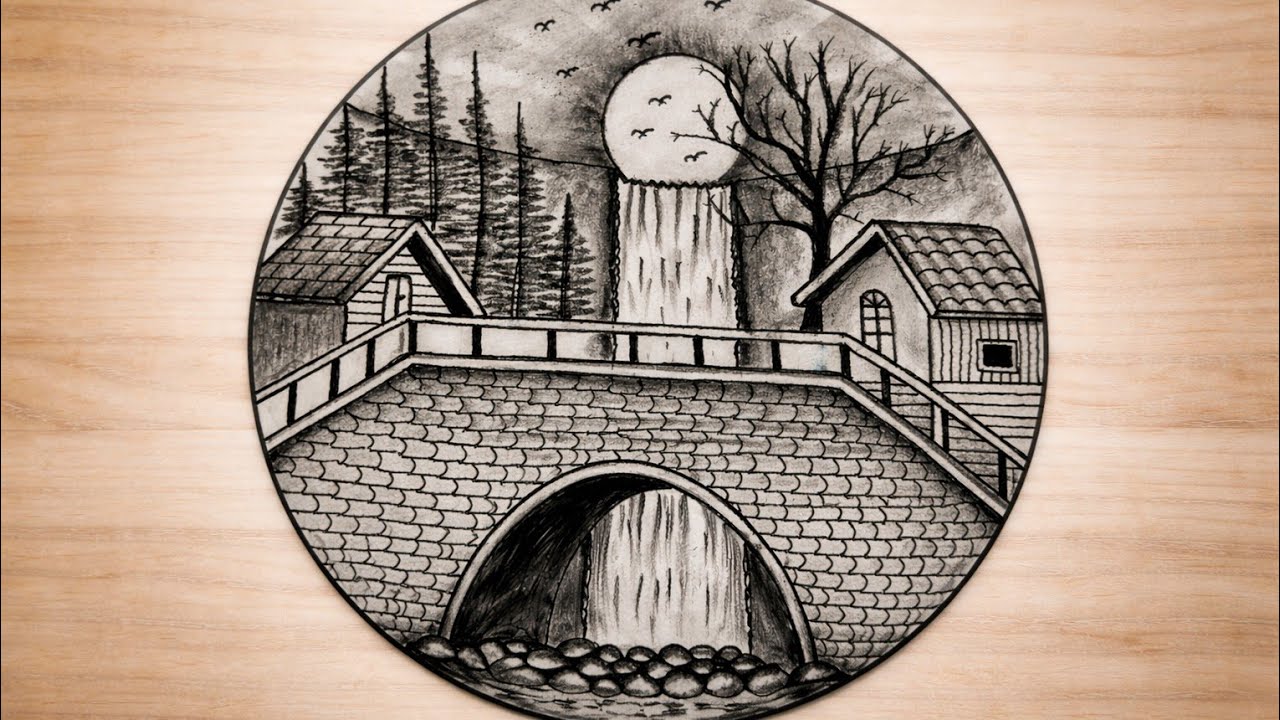 Peaceful Morning Waterfall scenery drawing 