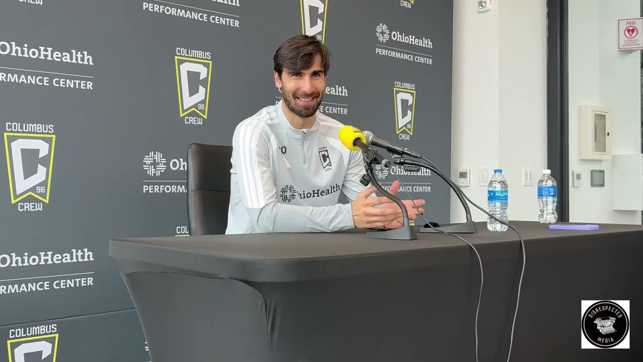 New Columbus Crew MF Andre Gomes (briefly) meets the media Thursday 3/19/2026.
