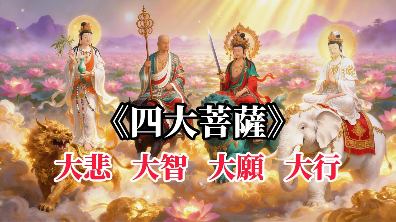 《四大菩薩 》四大菩薩心咒 佛光普照， 滿願成就，所求如願，菩薩慈悲護眾生 #觀音菩薩 #普賢菩薩 #觀世音菩薩  #地藏菩薩 #文殊菩薩 #四大菩薩