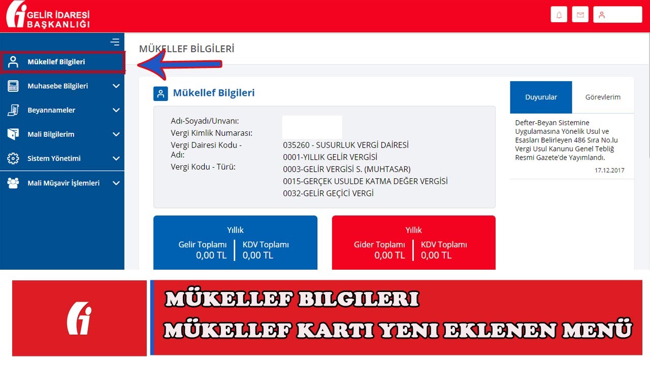 Defter Beyan Sistemi Mükellef Bilgileri Bölümüne Yeni Eklenen Menüler