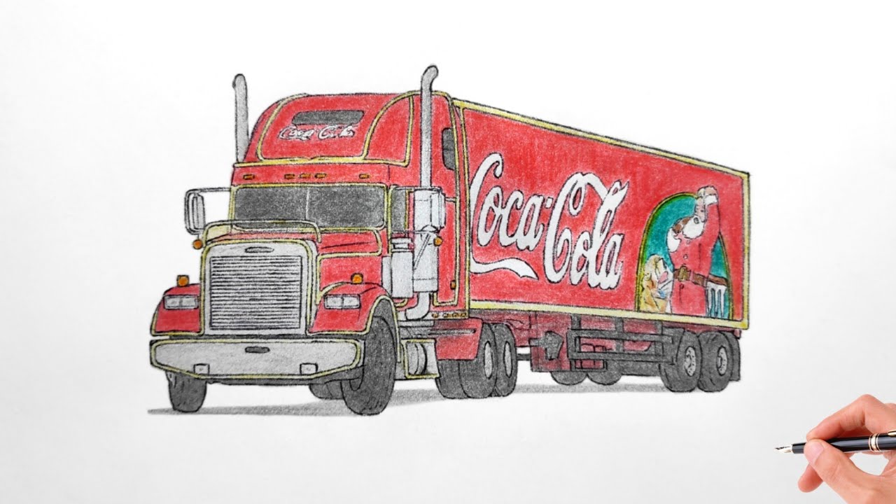 How to draw a Coca Cola truck / drawing Freightliner FLD120 classic Coca-Cola Christmas truck