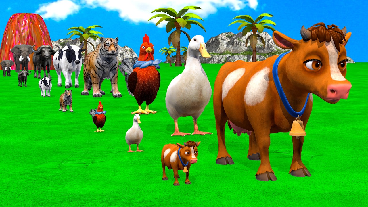 Long Slide Game with Cow Elephant Gorilla Hippopotamus Tiger 3d Animal Game Funny 3d Animals