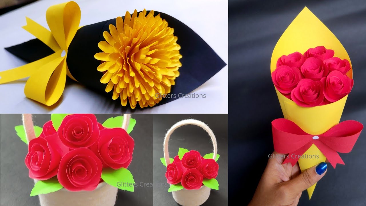 3 DIY Paper Flower BOUQUET/VALENTINE'SGift ideas/Flower Bouquet making at Home