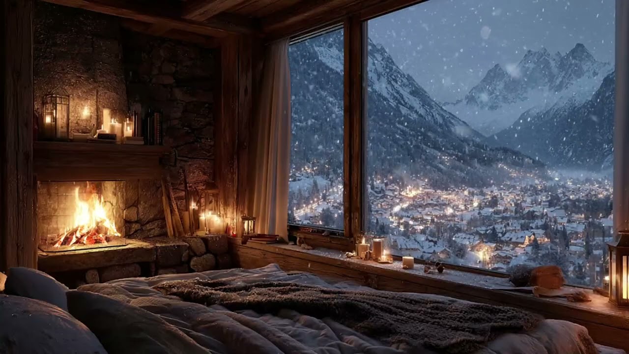 Fireplace by the Window in a Snowstorm 🔥❄️ | Wind, Blizzard, Deep Sleep Ambience