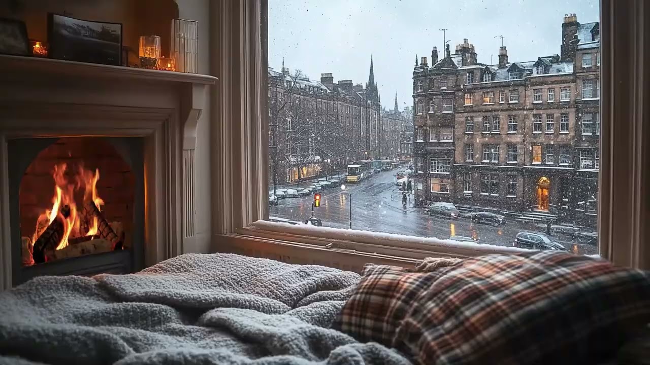 Snowy European City Night ❄️ Cozy Window View & Crackling Fireplace Ambience