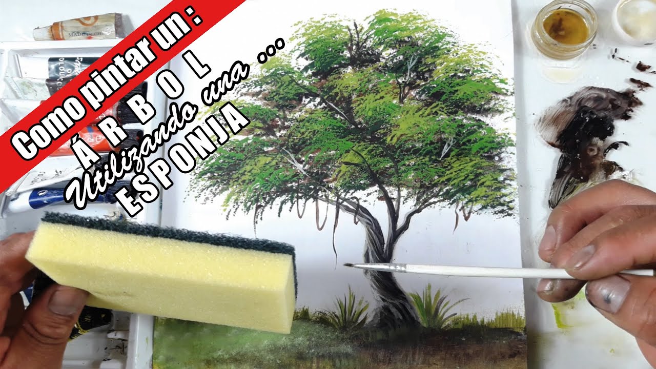 Como pintar  UN ÁRBOL utilizando una ESPONJA | Técnica de pintura al óleo