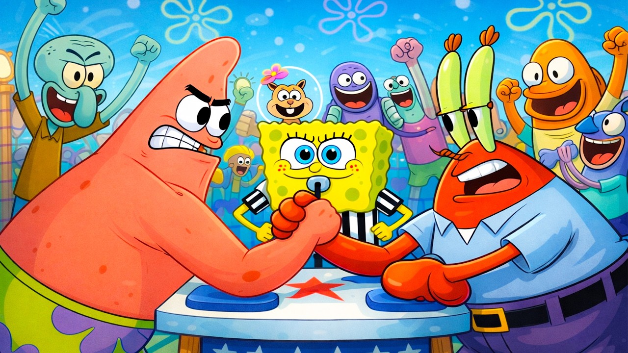 Patrick’s Fierce Arm-Wrestling Battle! 💪🚪 Who Will Take the Win? | Funny SpongeBob Animation