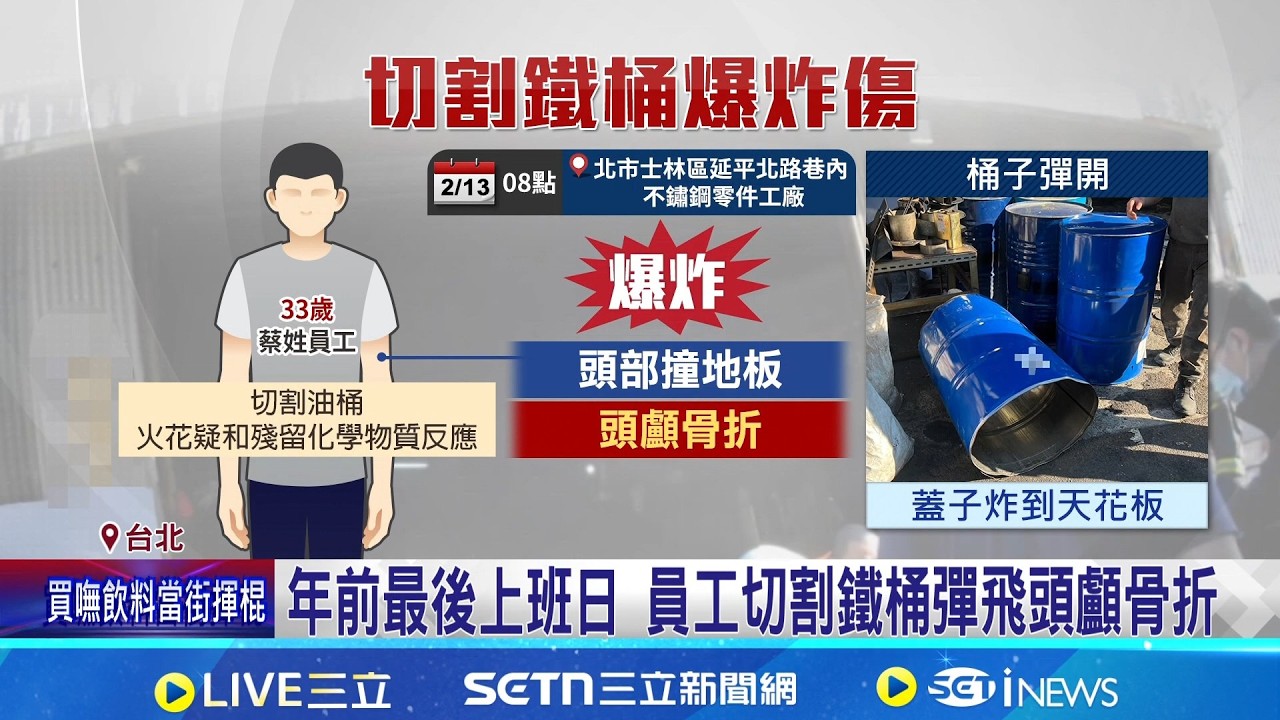 驚! 切割金屬鐵桶突爆炸 員工彈飛頭顱骨折  員工切割鐵桶重傷 勞檢:勒令停工最高罰30萬│記者 蕭羽秀 蔡佼儀│新聞一把抓20260213│三立新聞台