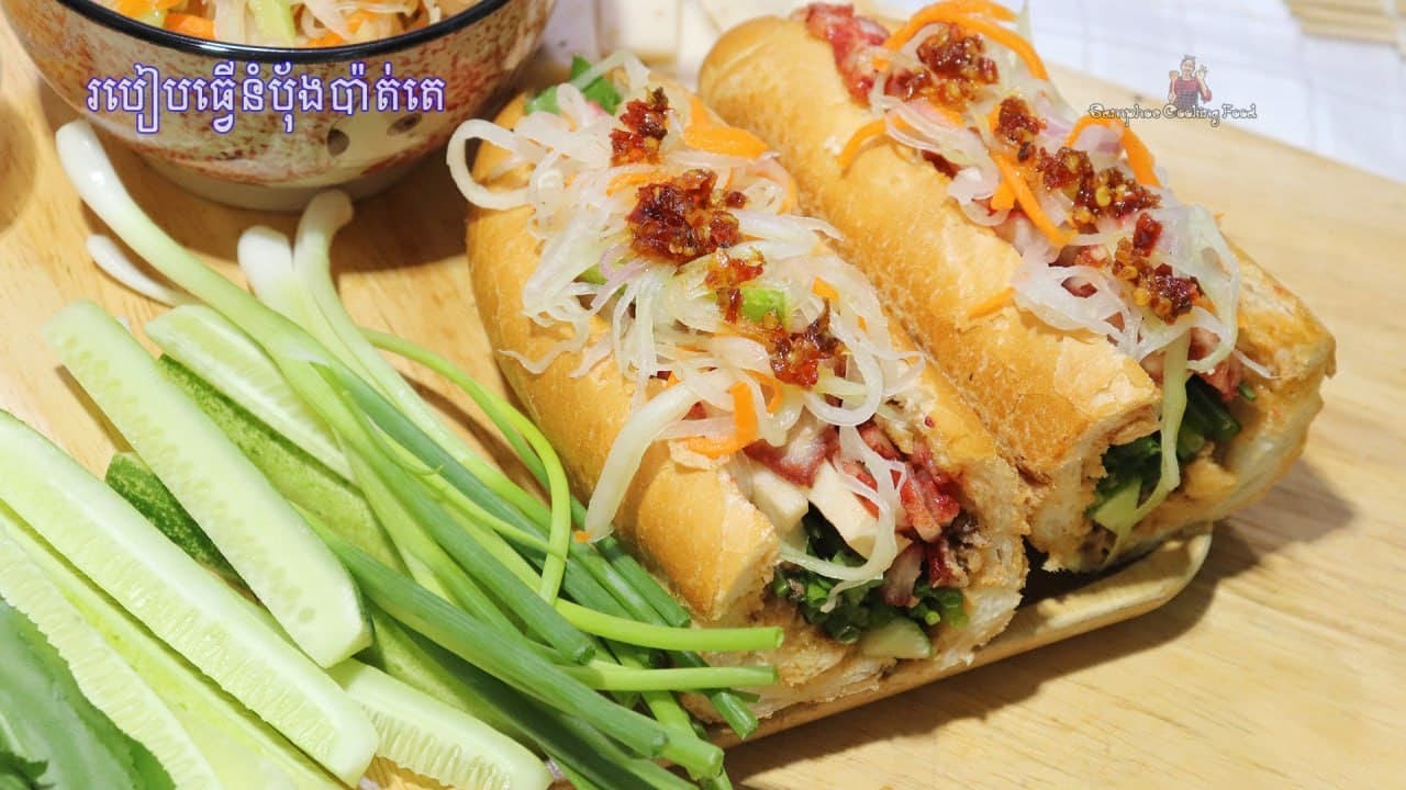 របៀបធ្វើនំបុ័ងប៉ាត់តេ【﻿Khmer Sandwich】|| samphos cooking
