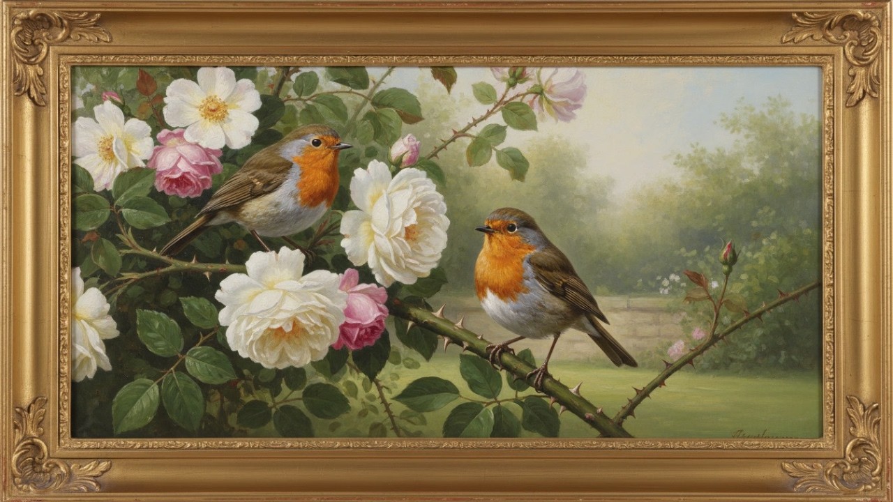Frame TV Art Screensaver 🐦 Two Robins on Rose Bush | 4K TV Wall Art Decor