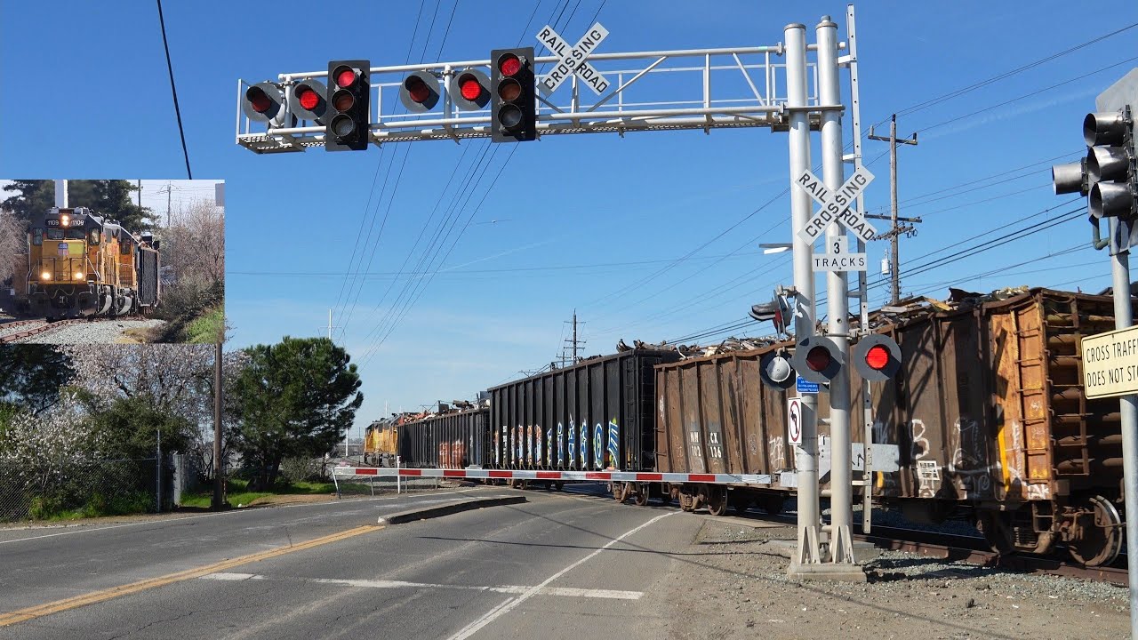 UP 1109 Florin Flyer Local & SacRT Light Rail Trains | Jackson Rd. Railroad Crossing, Sacramento CA 