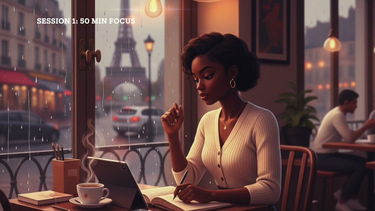 2-HOUR STUDY WITH ME in Paris| Pomodoro 50/10, Rain Sound, Cozy Cafe Ambience, Productive Deep Work