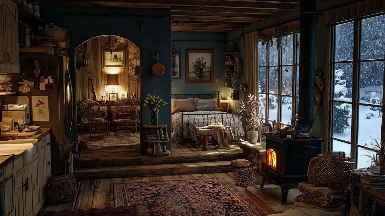 Endless Snow Covering the Silent Cabin | Crackling Fireplace Sounds to Sleep Through the Storm