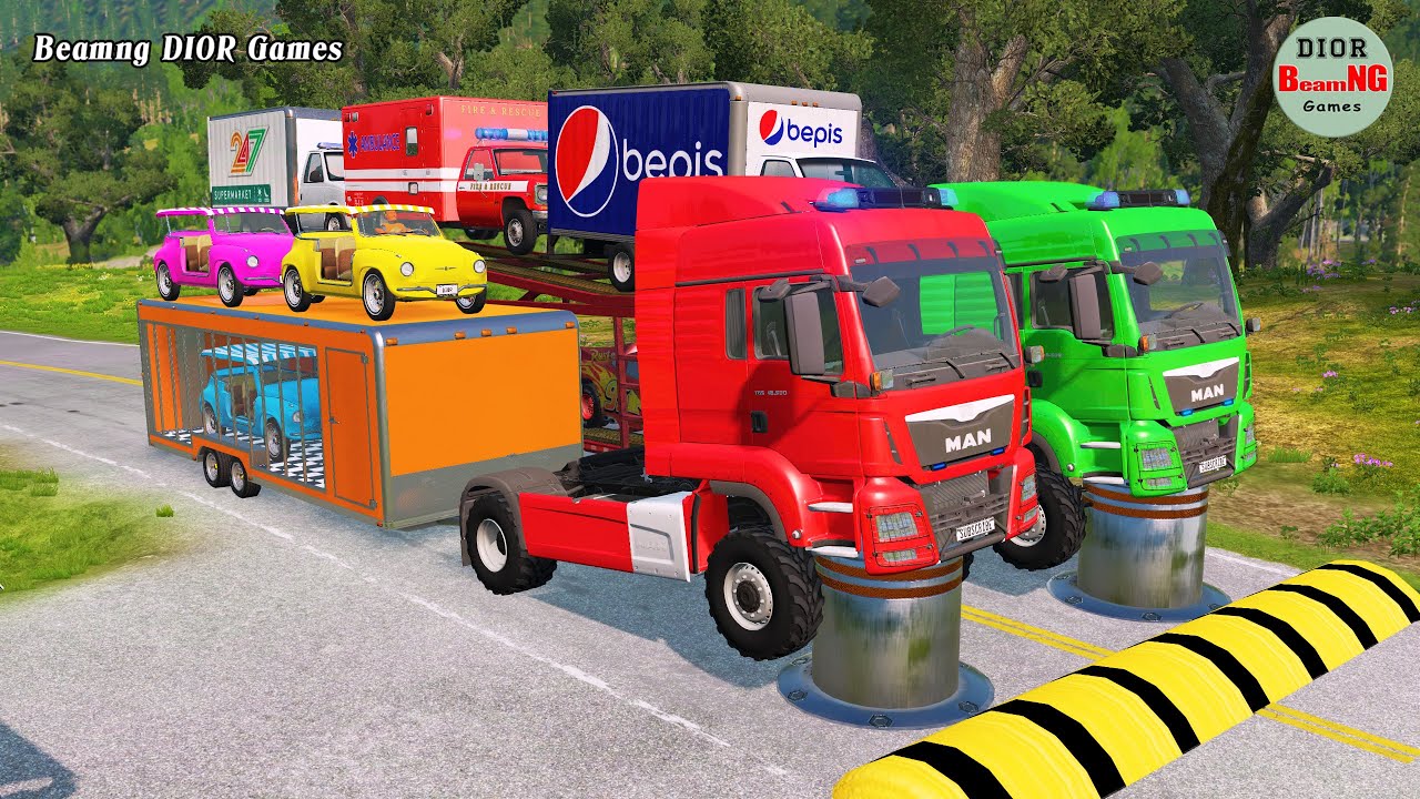 Double Flatbed Trailer Truck vs speed bumps|Busses vs speed bumps|Beamng Drive|892