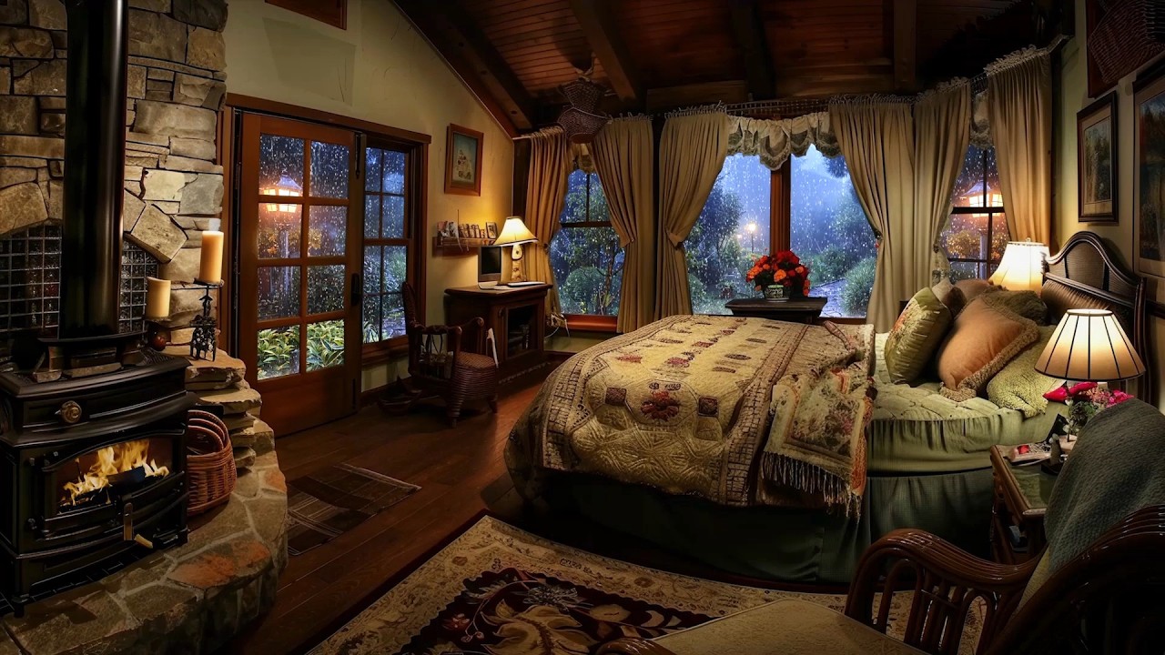 🔴Relaxing Rain Ambience | Sleeping in a Cozy Cabin with Burning Fireplace & Soothing Rain Sounds💤