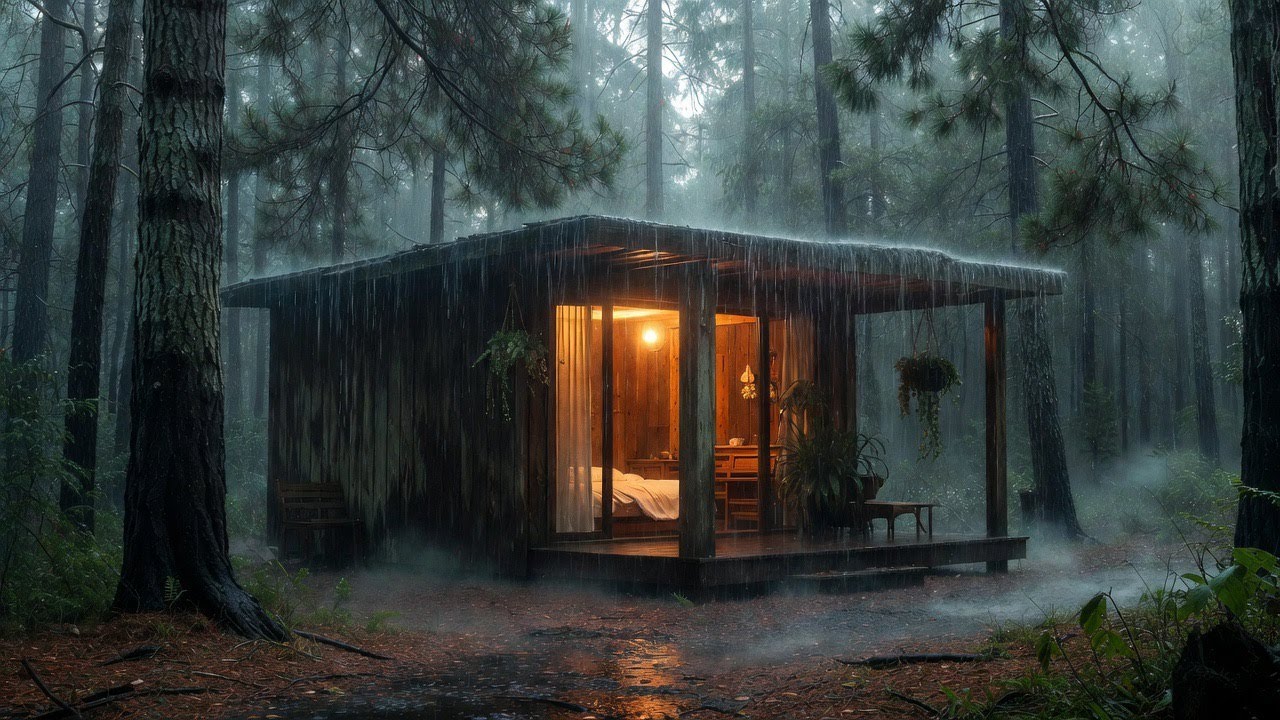 Strong Rain in a Forest Shelter | Calm Sleep Ambience