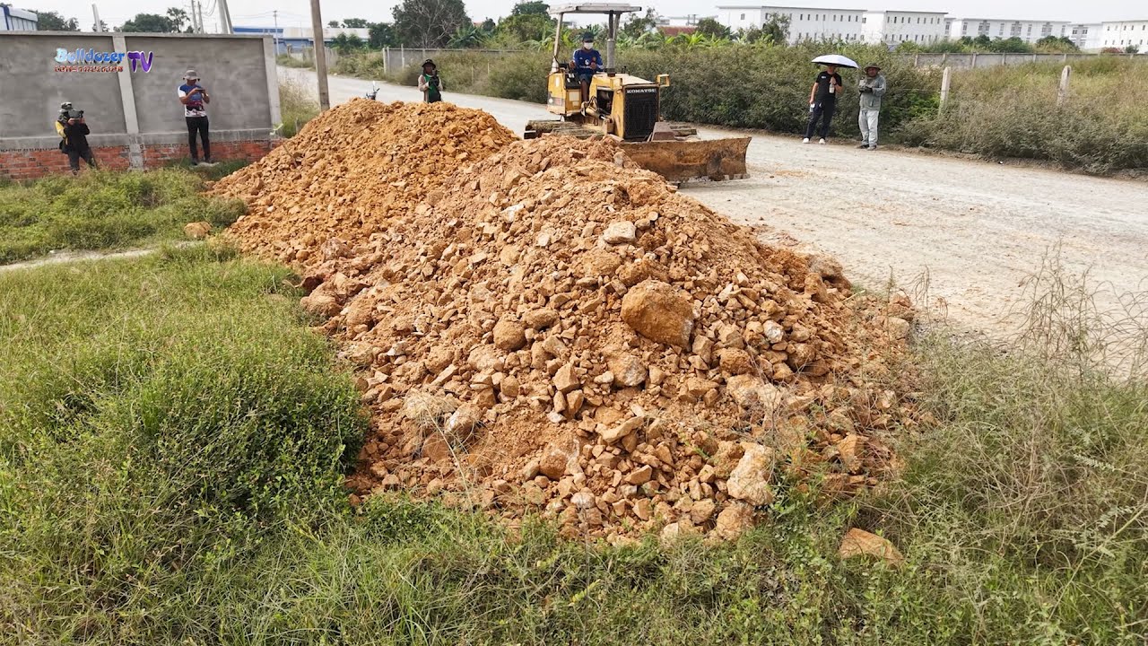 LANDFILL Project By KOMATSU Bulldozer Push Mix Rocks With Team Trucks Dumping Process