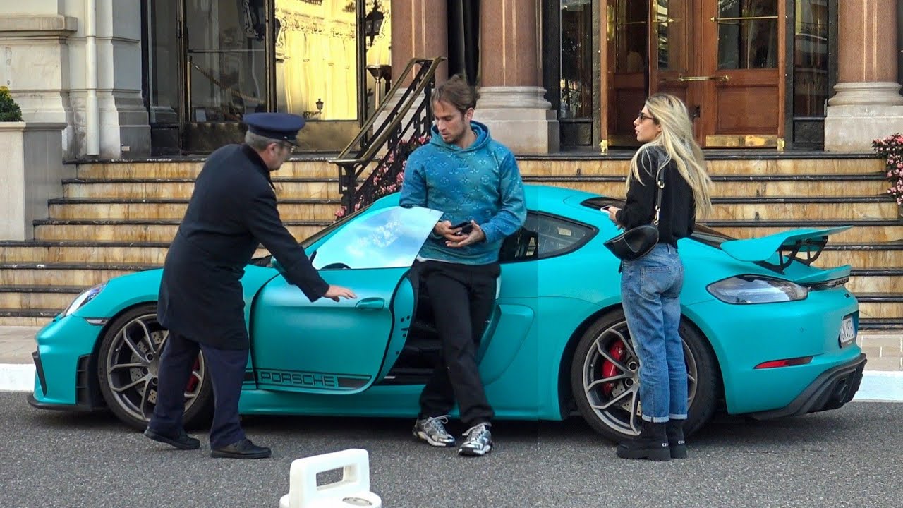 Italian Billionaire Couple arriving in his PORSCHE CAYMAN GT4 at Hotel de Paris in Monaco!!