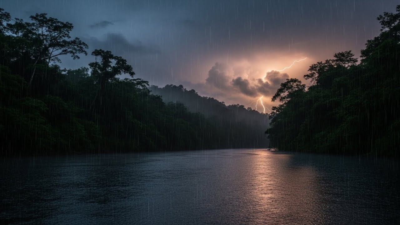 Tropical Rainforest River at Night 🌧️ Heavy Rain & Soft Thunder for Deep Sleep (4K)