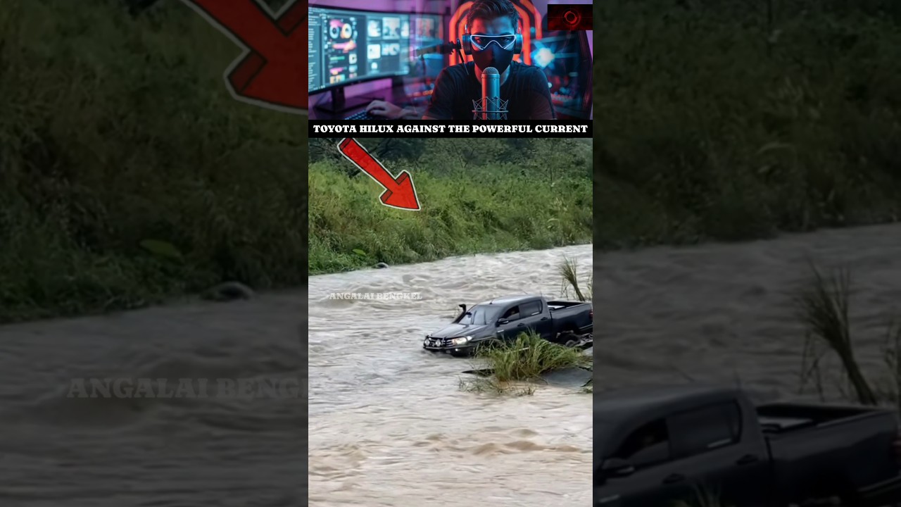 Toyota Hilux совершает смелый маневр в бушующем потоке воды