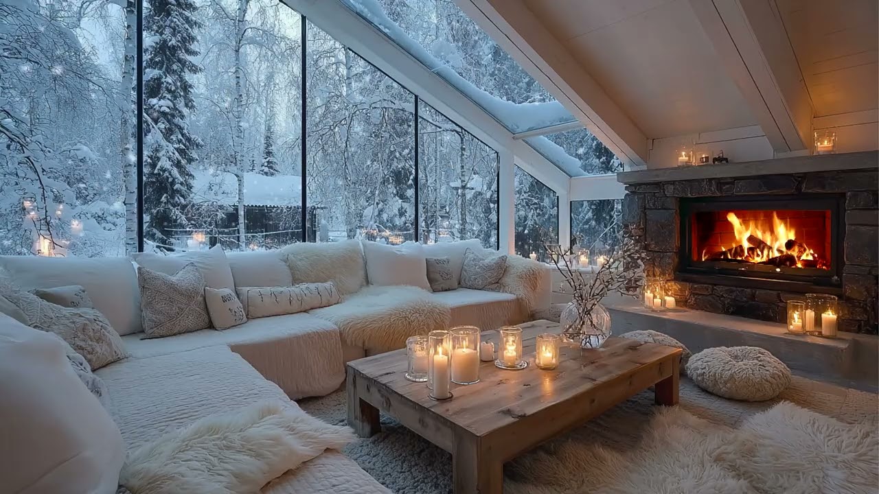 🌿🎶 White Winter Piano Ambience with Warm Firelight and Floral Touches for 3 Hours Peace