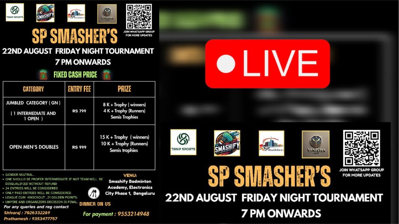 SP Smashers Badminton Tournament | Smashify Badminton Academy Bangalore | Badminton Lab | LIVE 🔴